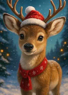 Christmas Deer with Santa Hat