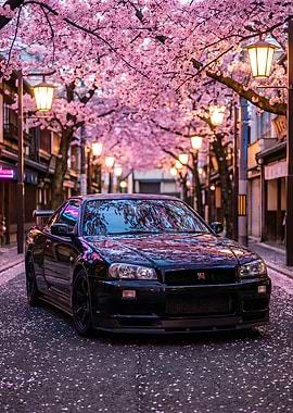 Car GTR R34 with Cherry Blossoms