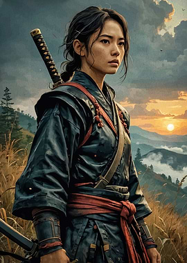 Female Samurai Warrior at Sunset