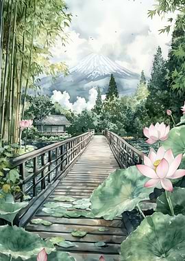 Watercolor Japanese Landscape with Mount Fuji
