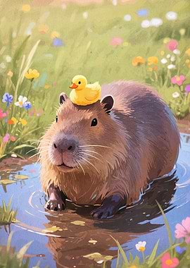 Capybara with Duckling in Floral Meadow