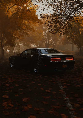 Black Dodge Challenger in Autumn Forest