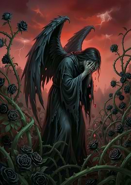 Crying Angel Amidst Black Roses