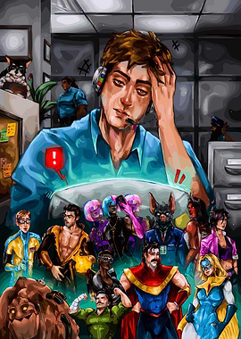 Overwhelmed Call Center Employee with Superheroes