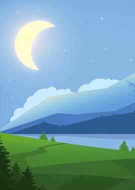 Night Landscape with Moon and Mountains