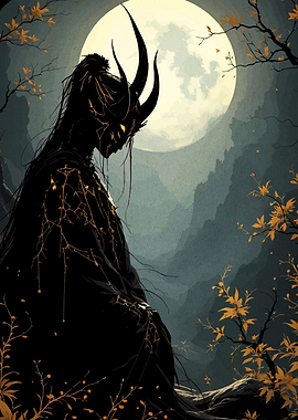 Horned Figure Under Moonlight