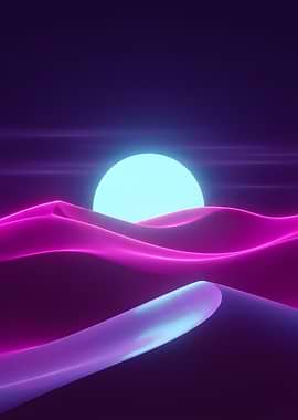 Neon Desert Landscape with Glowing Moon