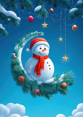 Festive Snowman on Crescent Moon