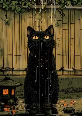 Black Cat in Japanese Garden Shower
