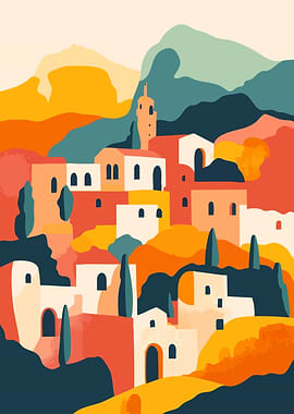 Colorful Europe Village Abstract Art Illustration