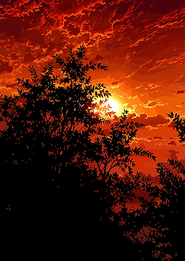 Fiery Sunset Through Trees