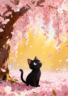 Black Cat Under Cherry Blossom Tree