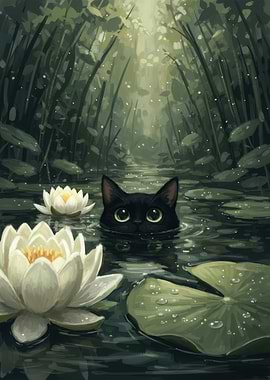 Black Cat in Lily Pond