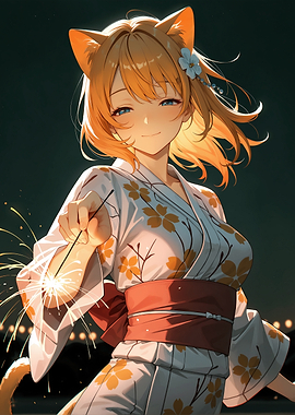 Anime Girl with Sparkler in Kimono