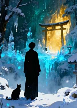 Winter Shrine with Figure and Cat