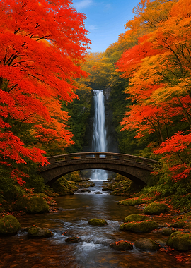 Autumn Waterfall with Stone Bridge