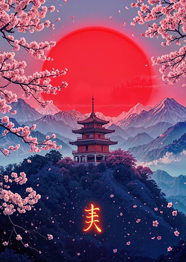 Japanese Pagoda with Cherry Blossoms