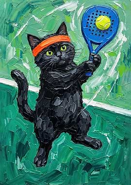 Black Cat Tennis Player Painting
