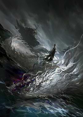 Woman and Dragon in Stormy Sea