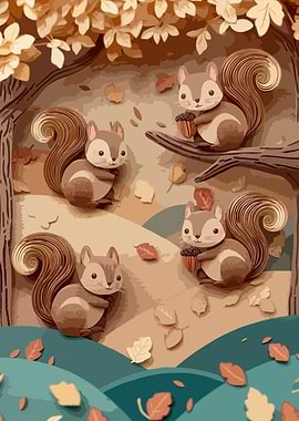 Cute Squirrels in Autumn Forest