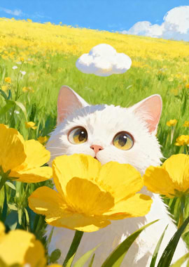 White Cat in Yellow Flower Field