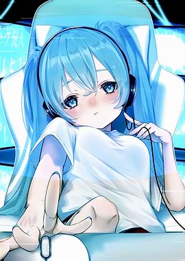 Anime Girl Gamer with Blue Hair