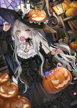 Anime Witch with Pumpkins and Candy