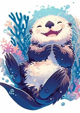 Happy Otter in Ocean Illustration