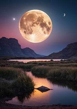 Full Moon Over Mountain Landscape