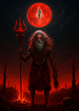 Mystical Figure with Trident and Red Moon