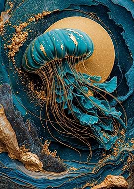 Teal Jellyfish with Golden Accents
