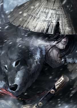 Samurai, Wolf, and Snowy Landscape