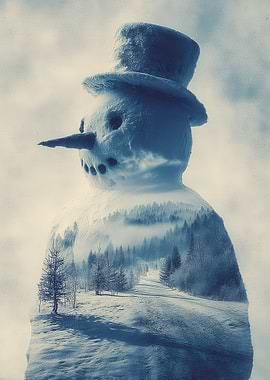 Snowman Winter Landscape Double Exposure