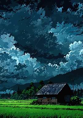 Rainy Day Cabin Landscape Illustration