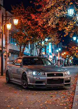 Nissan Skyline R34 at Night Autumn