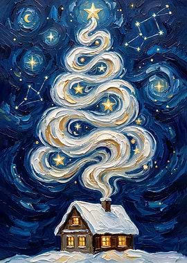 Winter Cabin with Starry Christmas Tree