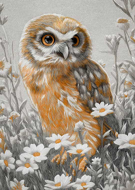 Owl in a field of daisies