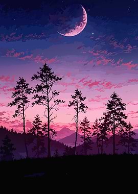 Pink Moonlit Forest Landscape