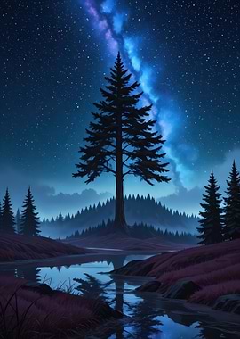 Night Sky Tree Reflection