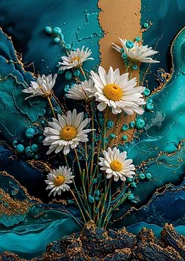 Teal Gold Daisies Flower
