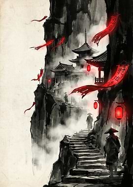 Asian Mountain Temple Ink Painting