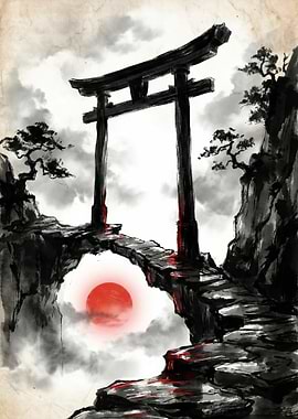 Japanese Torii Gate with Red Sun