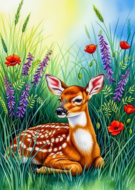 Watercolor Fawn in Meadow