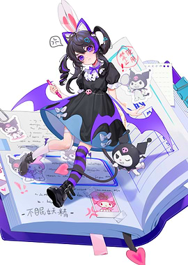 Anime Girl with Kuromi on Notebook
