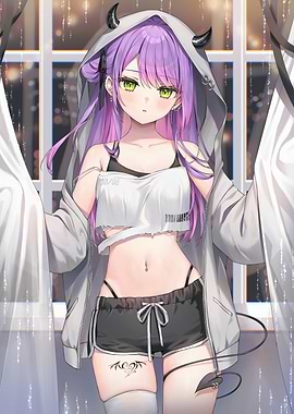 Anime girl with horns in hoodie