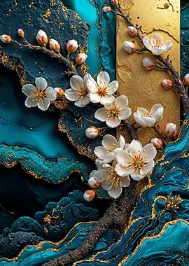 Teal Gold Sakura Flower