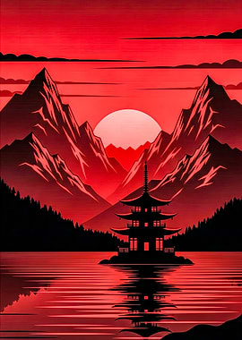 Red Japanese Pagoda Landscape