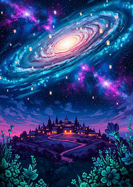 Fantasy Village Under a Cosmic Sky