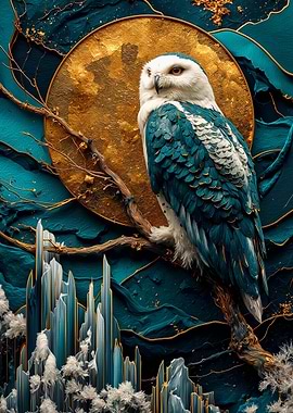 Owl on Branch with Golden Moon