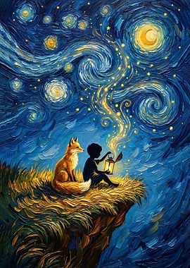 Fox, Boy, and Starry Night
